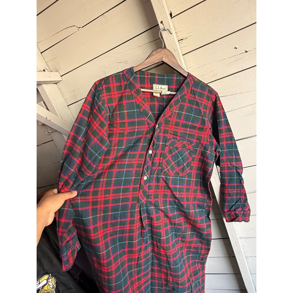 LL Bean Vintage Flannel Nightgown Red Green Plaid Long Sleeve Sleep Dress Womens - Picture 3 of 6
